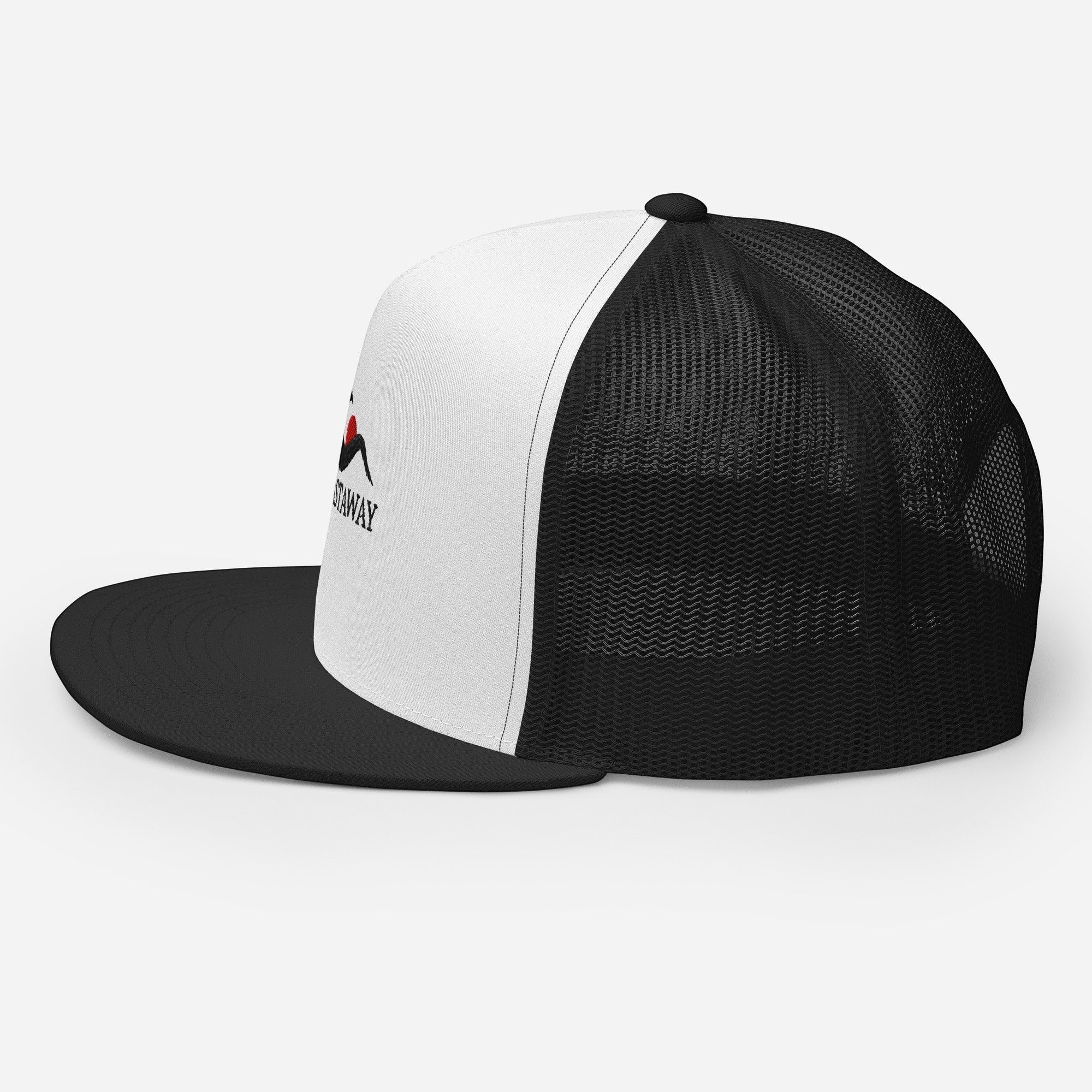 Redcastaway™ white and black trucker cap with flat bill and snapback closure. Cotton, nylon, polyester blend.