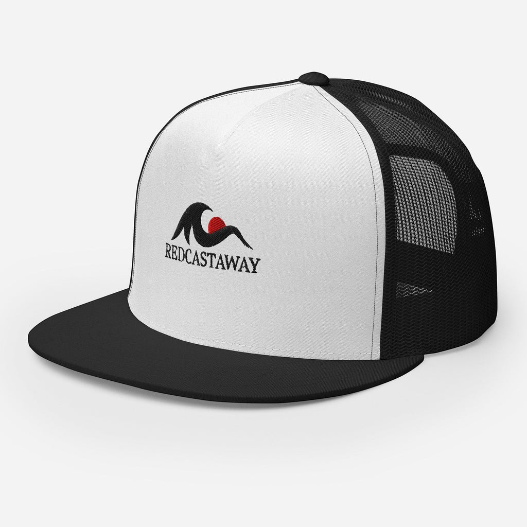 Redcastaway trucker cap with white front panel, black flat bill, and black mesh back. Features embroidered logo.