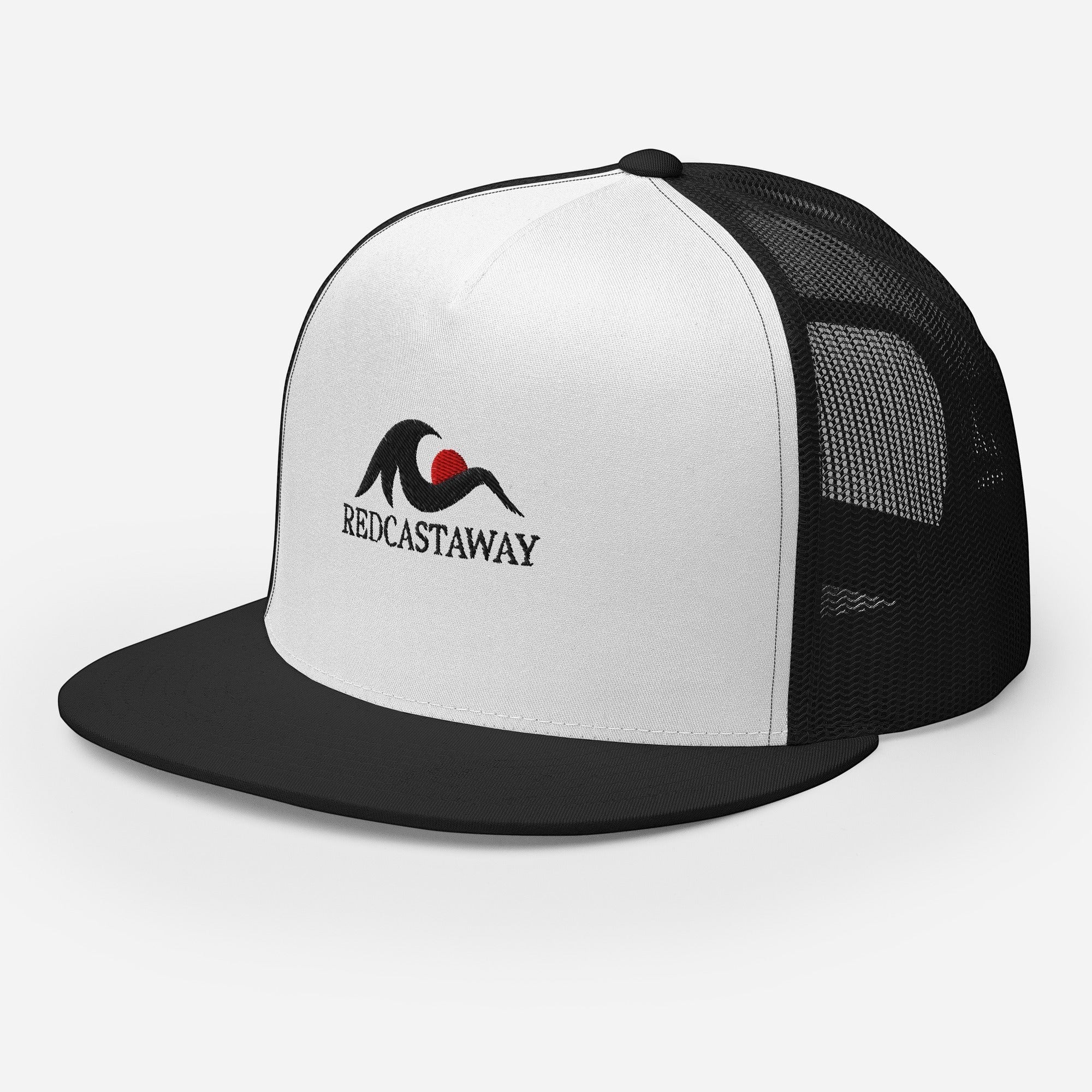 Redcastaway trucker cap with white front panel, black flat bill, and black mesh back. Features embroidered logo.