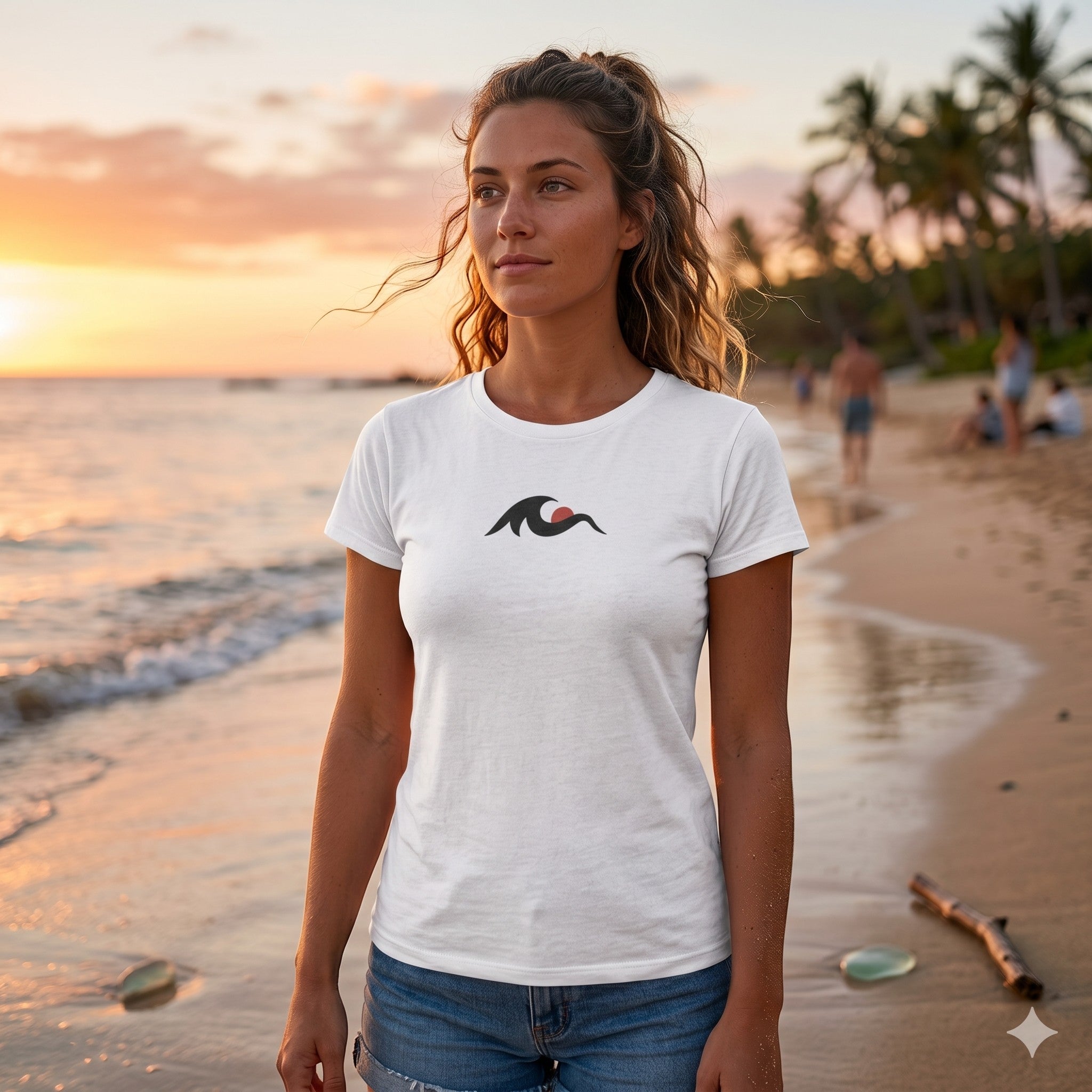 Redcastaway Women's white 100% cotton t-shirt with wave logo on chest, slim fit, crew neck, short sleeves.