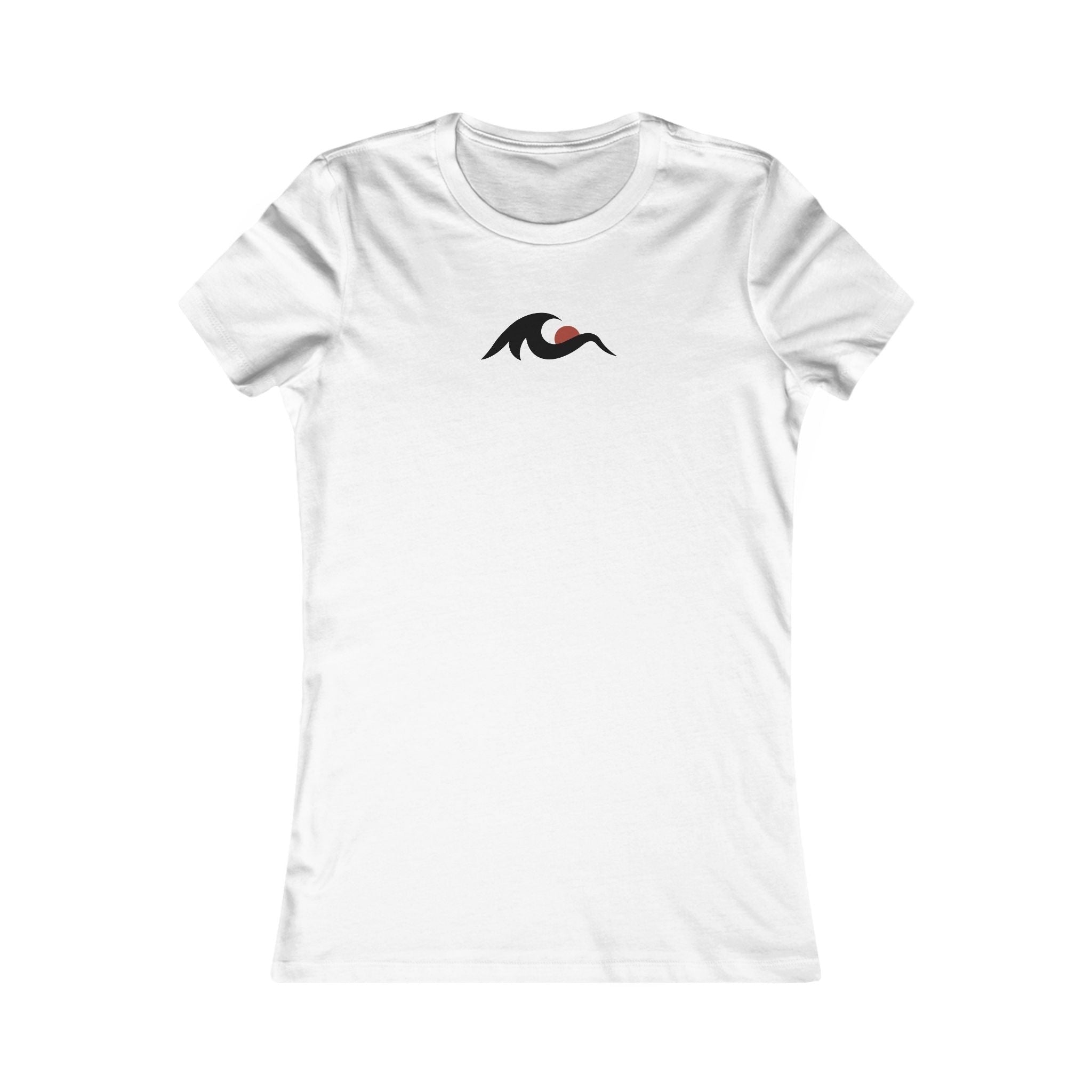 Redcastaway Women's white 100% cotton short-sleeve tee with a small black wave and red circle logo on the chest.