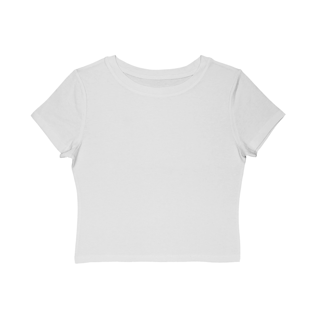 Redcastaway Women's white cropped baby tee, 60% cotton/40% polyester knit with crew neck and short sleeves.