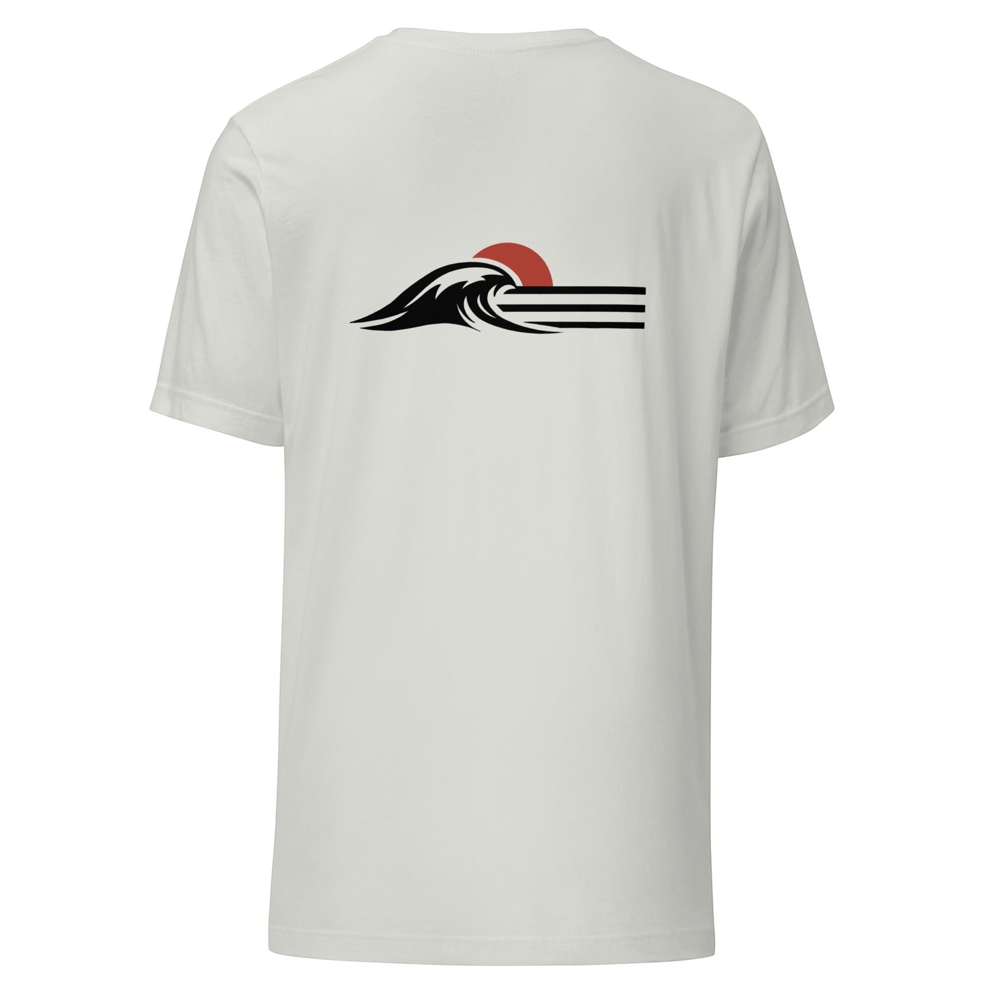 Redcastaway Horizon Wave unisex t-shirt in white, featuring a black wave and red sun graphic on the back. Made from 100% cotton.
