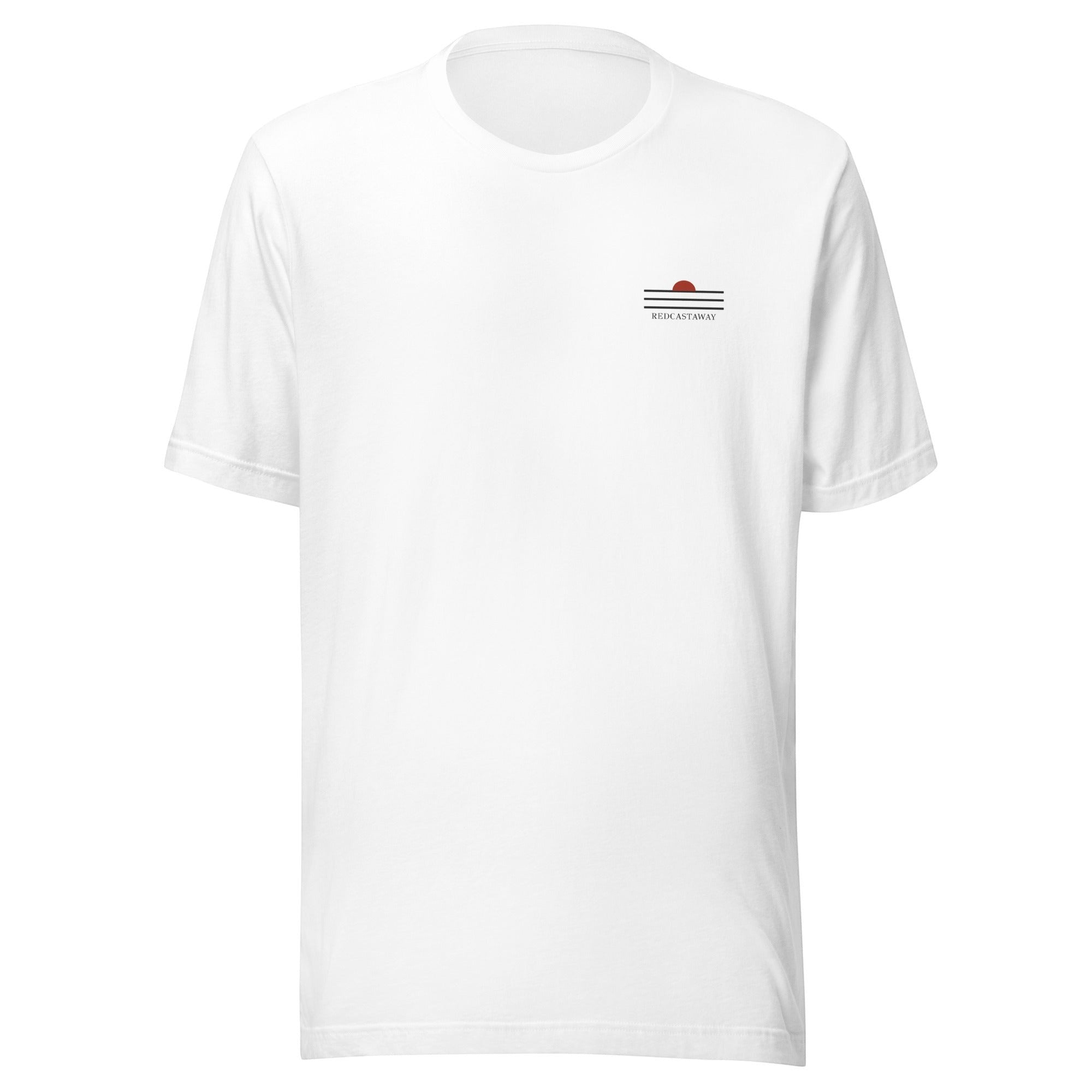 Redcastaway Horizon Wave unisex white 100% cotton t-shirt with minimalist sunset graphic and brand name.