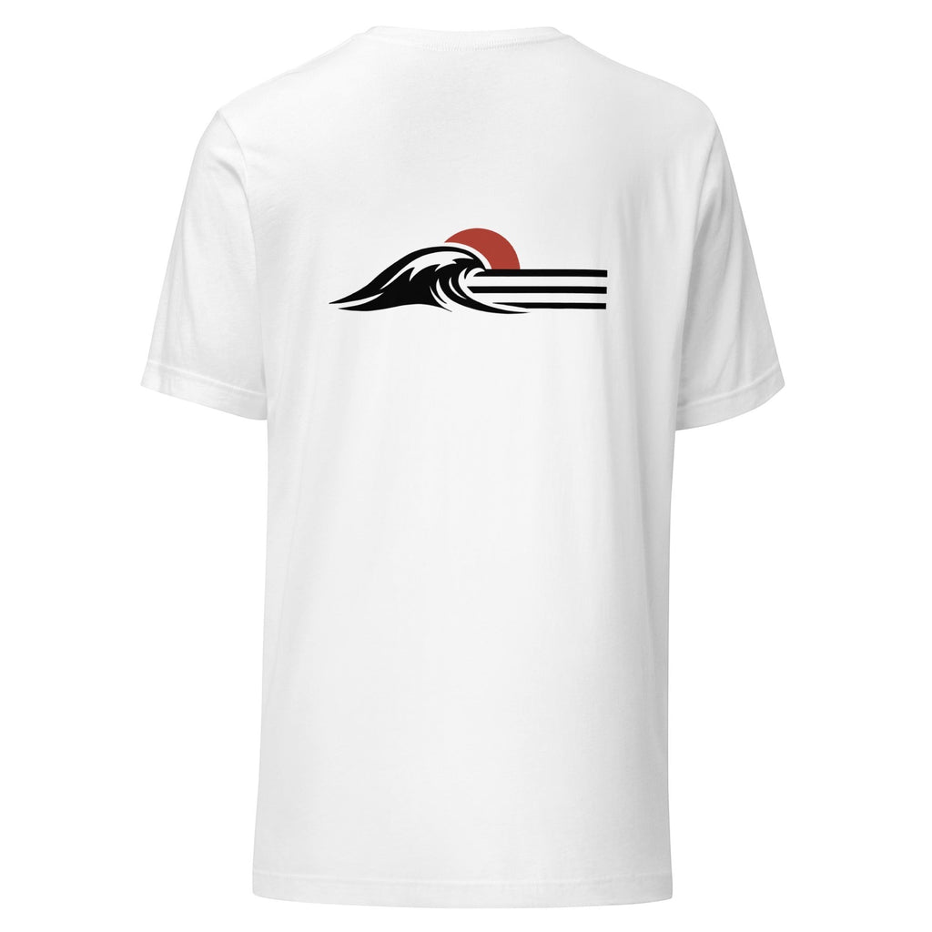 Redcastaway Horizon Wave unisex t-shirt in white, 100% combed and ring-spun cotton, with a graphic print of a wave and sun.