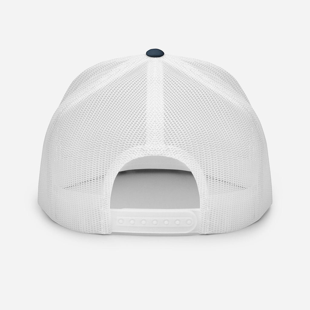 Redcastaway trucker cap with white mesh back and navy blue button. Features a flat bill and snapback closure.