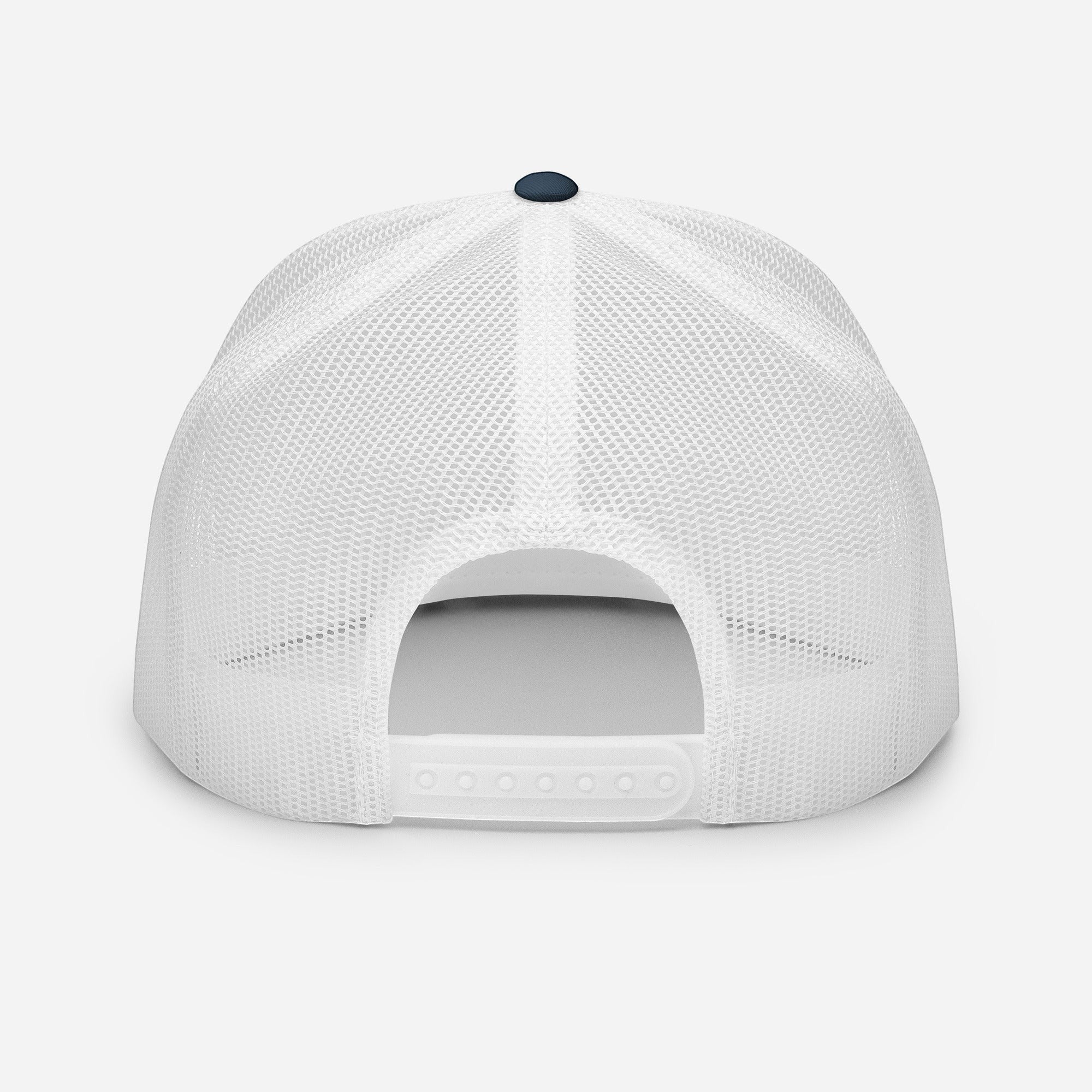 Redcastaway trucker cap with white mesh back and navy blue button. Features a flat bill and snapback closure.