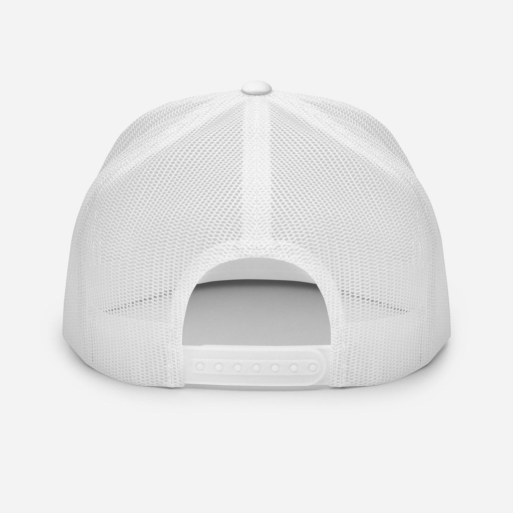 Redcastaway white mesh trucker cap with snapback closure. Cotton, nylon, polyester blend.