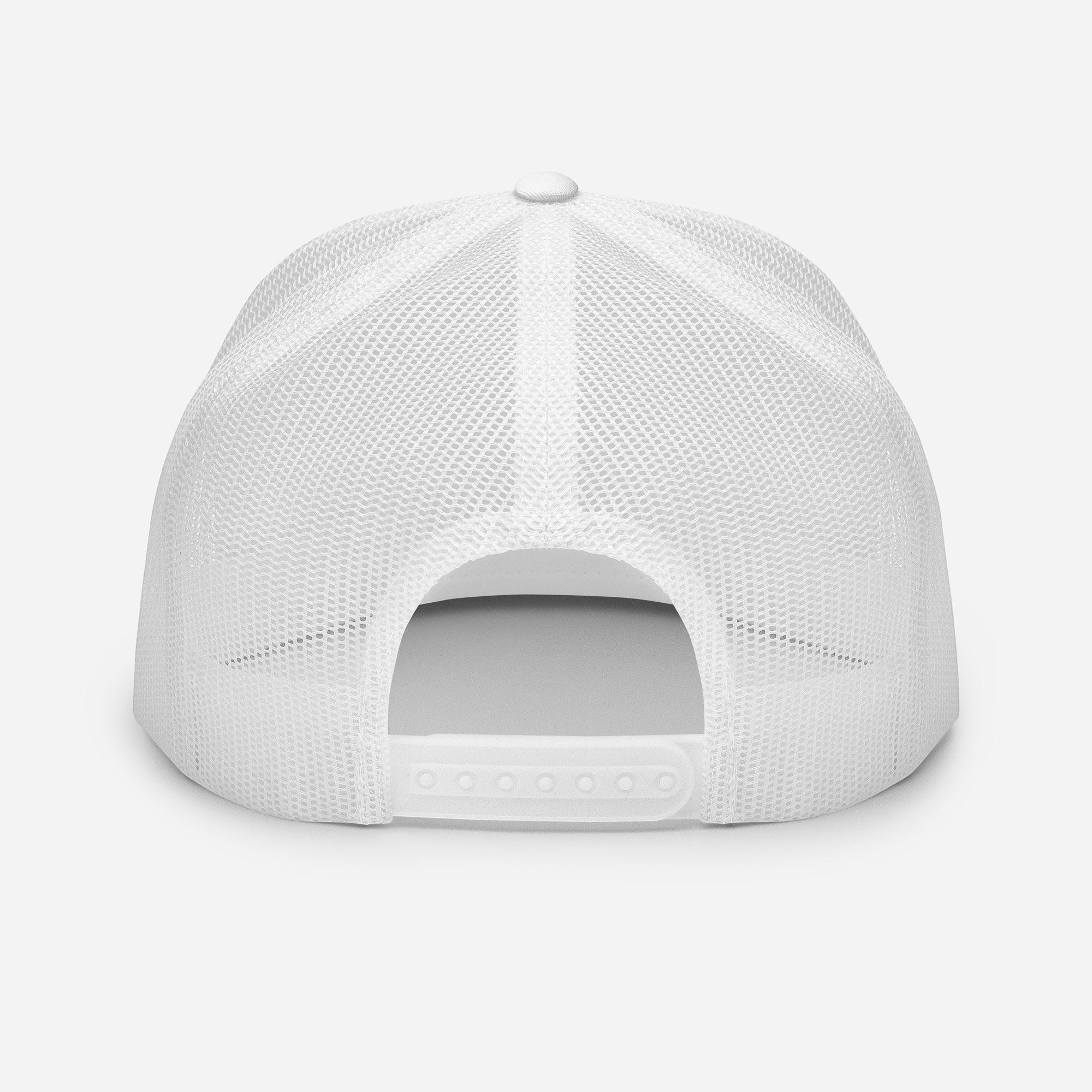 Redcastaway white mesh trucker cap with snapback closure. Cotton, nylon, polyester blend.