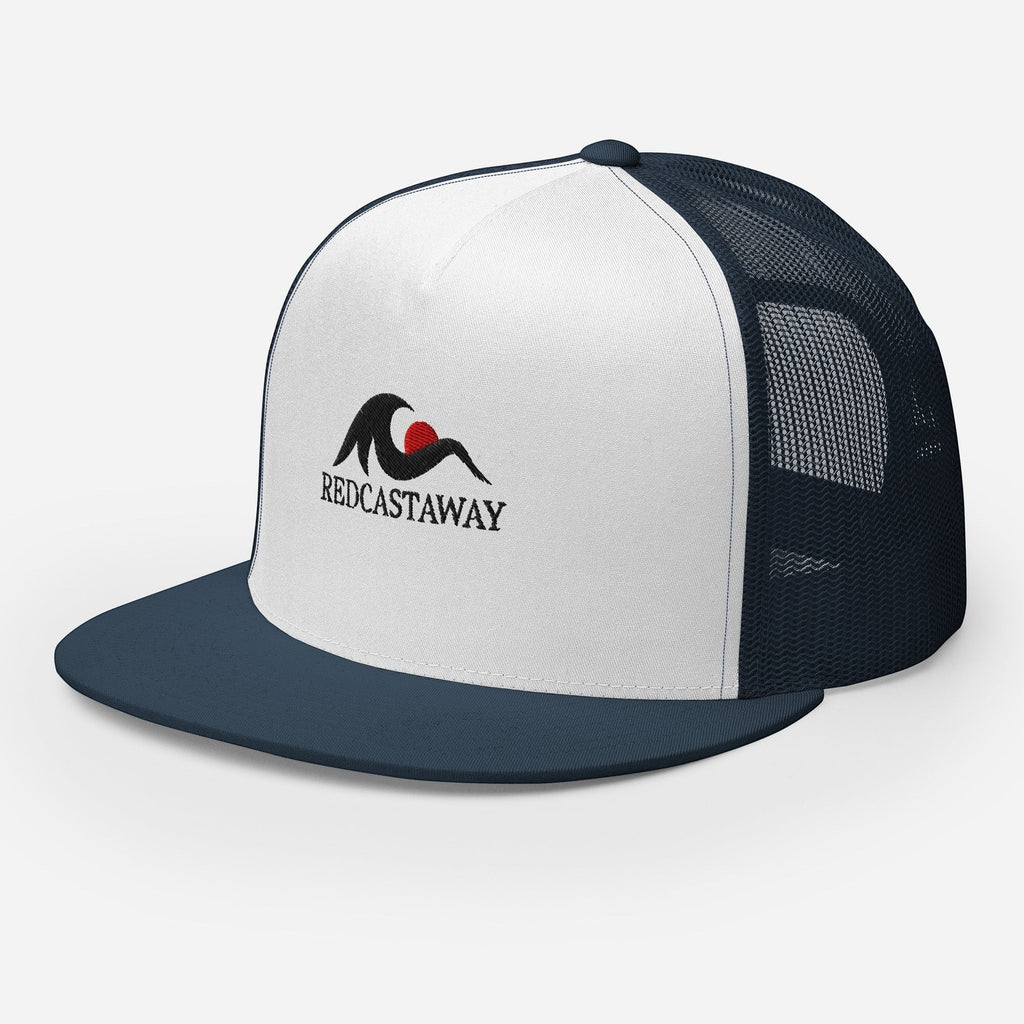 Redcastaway trucker cap with white front panel, navy mesh back, and flat bill. Features embroidered logo.