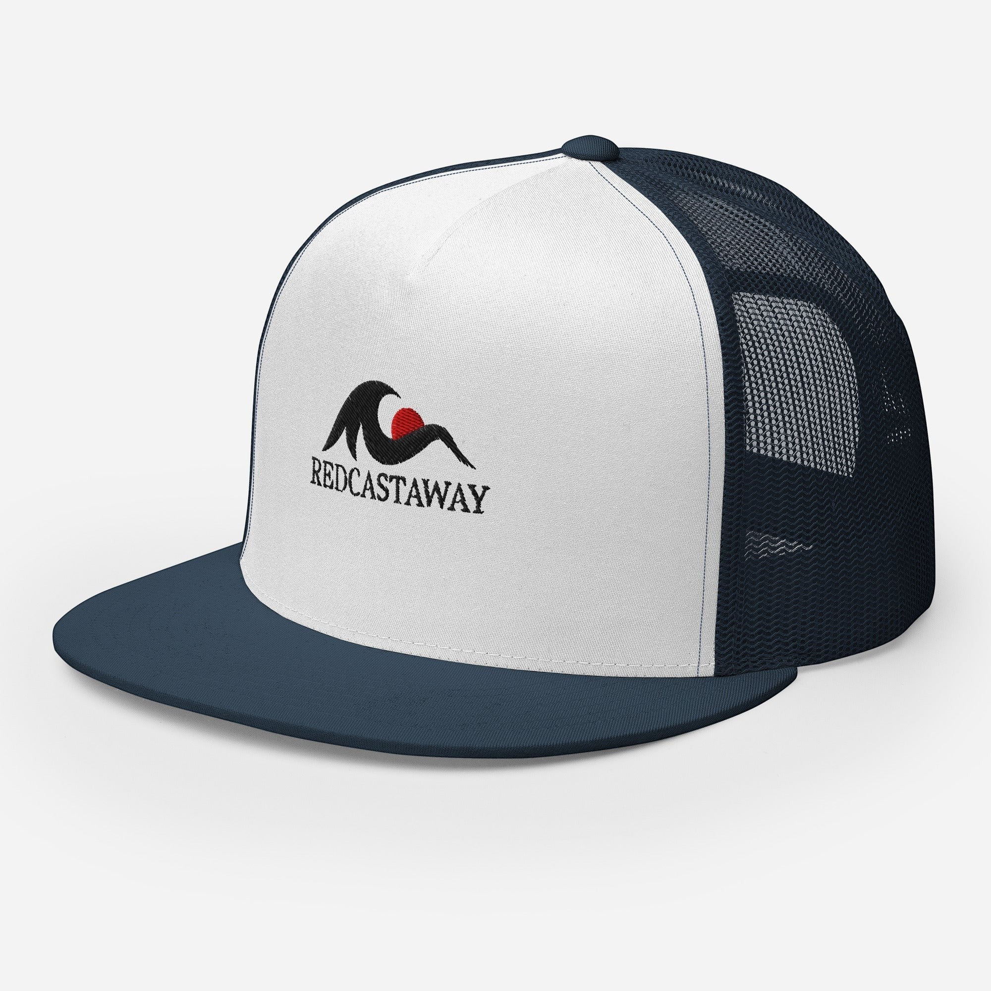 Redcastaway trucker cap with white front panel, navy mesh back, and flat bill. Features embroidered logo.