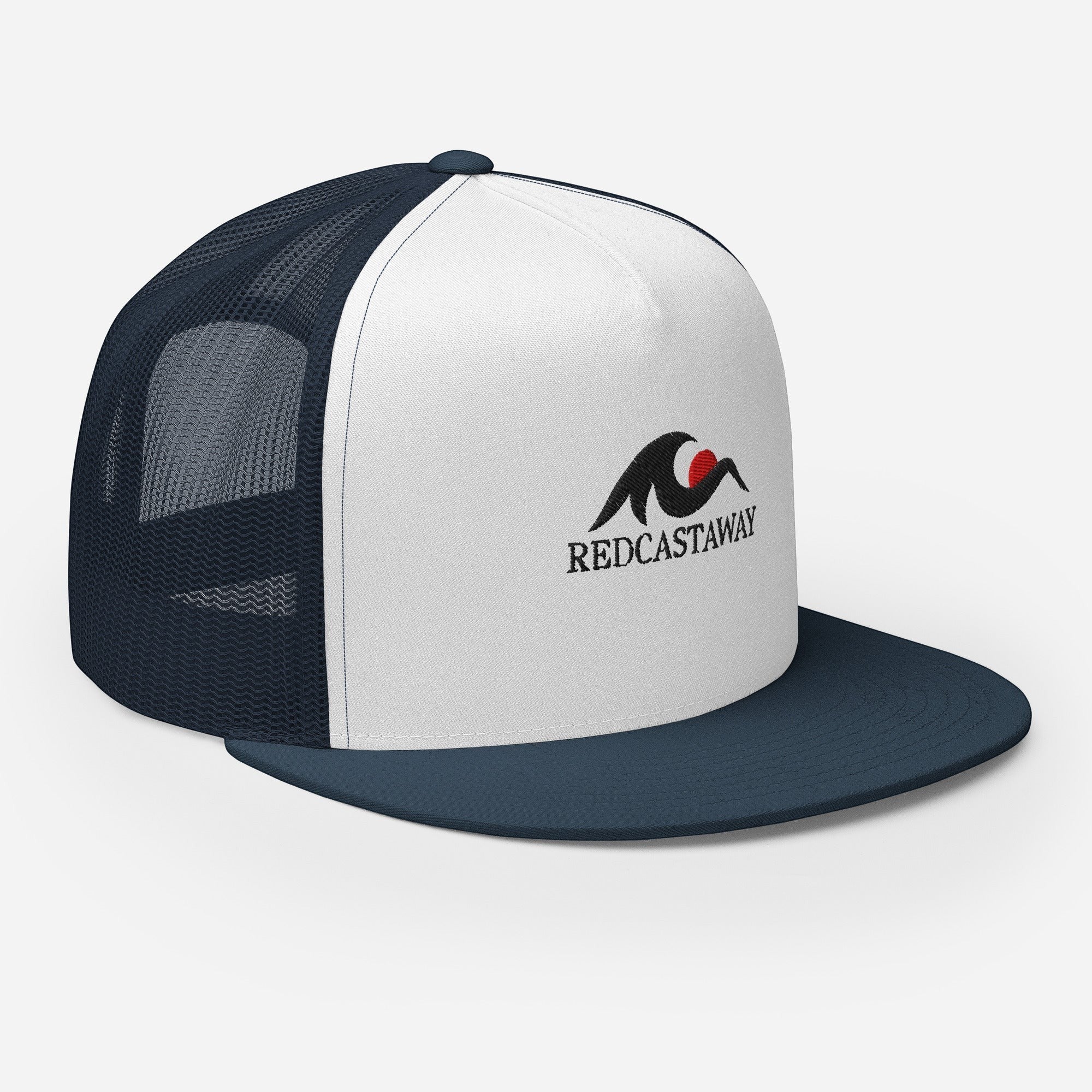 Redcastaway trucker cap with white front panel, navy mesh back, and navy flat bill. Features embroidered logo.