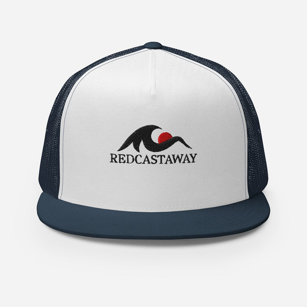 Redcastaway	rade
 trucker cap with white front panel, navy mesh back, and navy brim. Features embroidered logo.