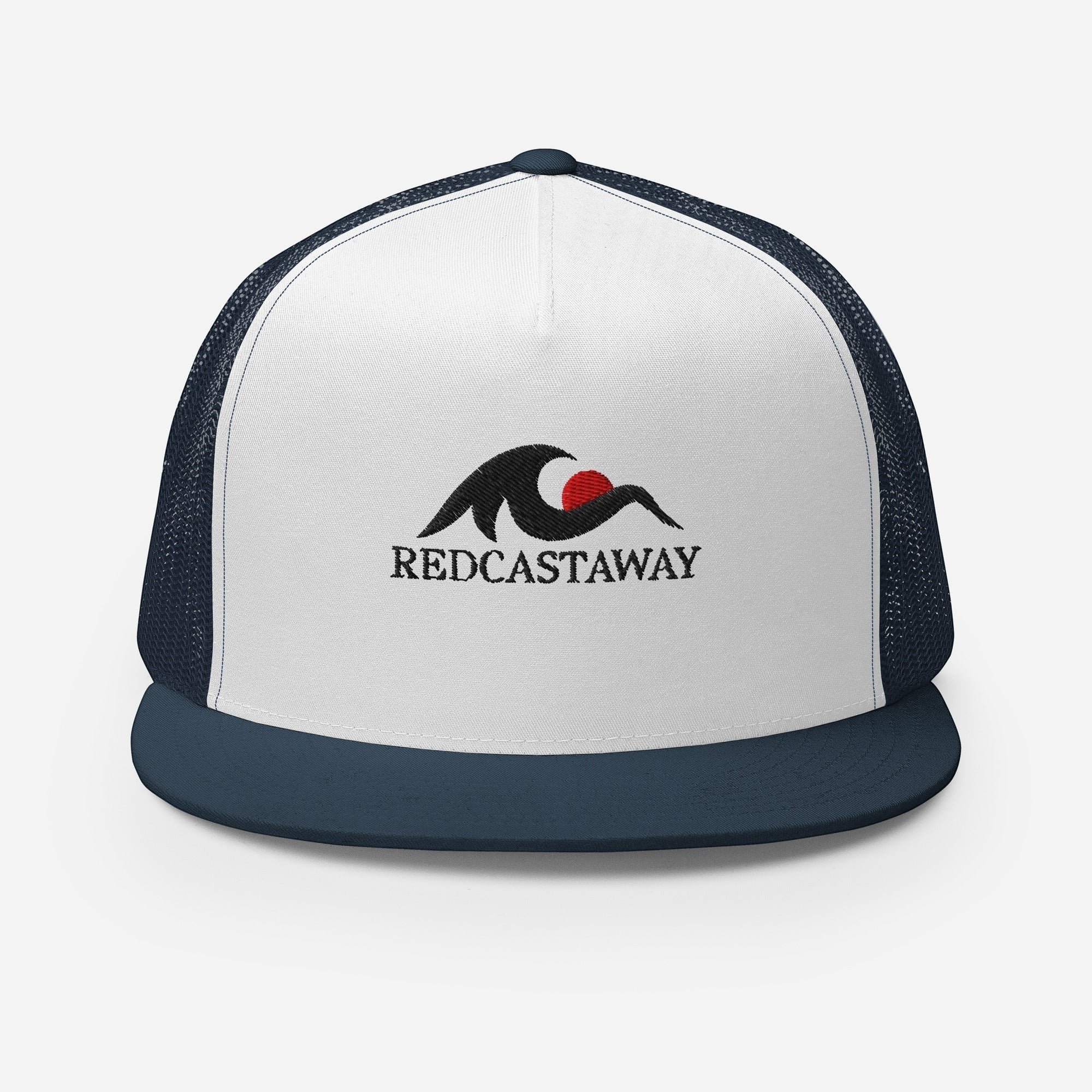 Redcastaway	rade
 trucker cap with white front panel, navy mesh back, and navy brim. Features embroidered logo.