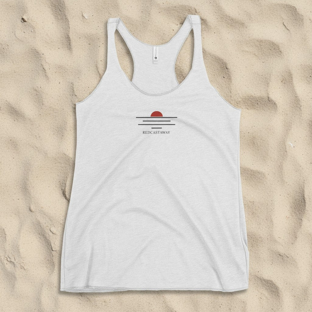 Redcastaway women's white racerback tank top with a minimalist sunset graphic and brand name.