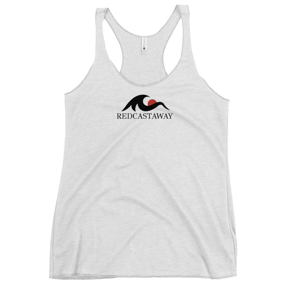 Redcastaway women's white racerback tank top with raw edge seams and the Redcastaway logo.