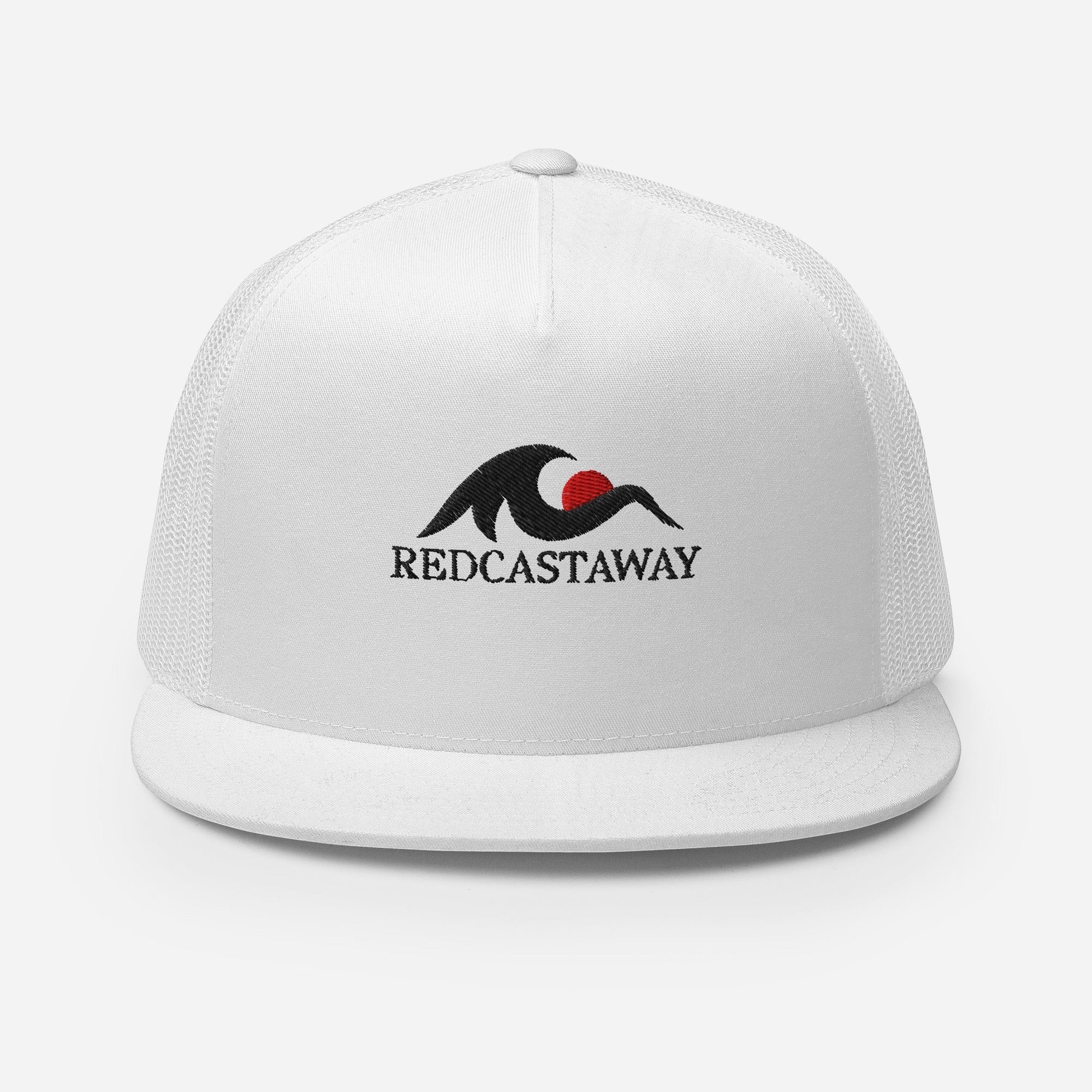 Redcastaway white trucker cap with embroidered wave and sun logo. Cotton, nylon, polyester blend with snapback closure.