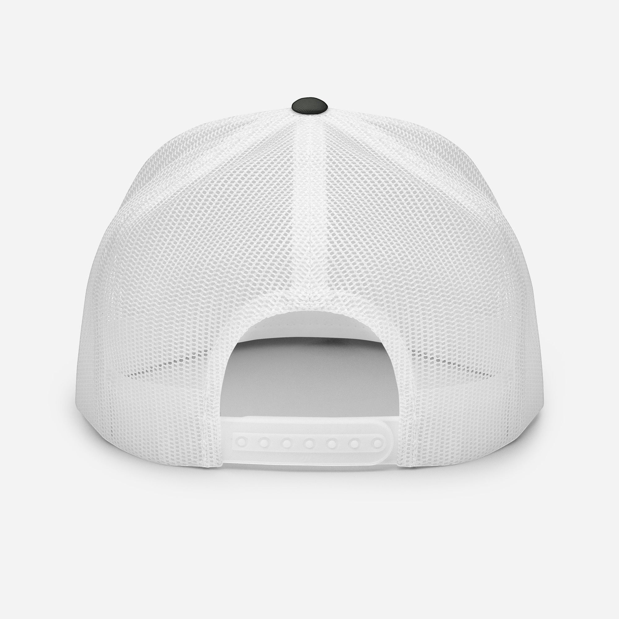 Redcastaway Drift Trucker Cap, white mesh back, flat bill, snapback closure. Cotton, nylon, polyester blend.