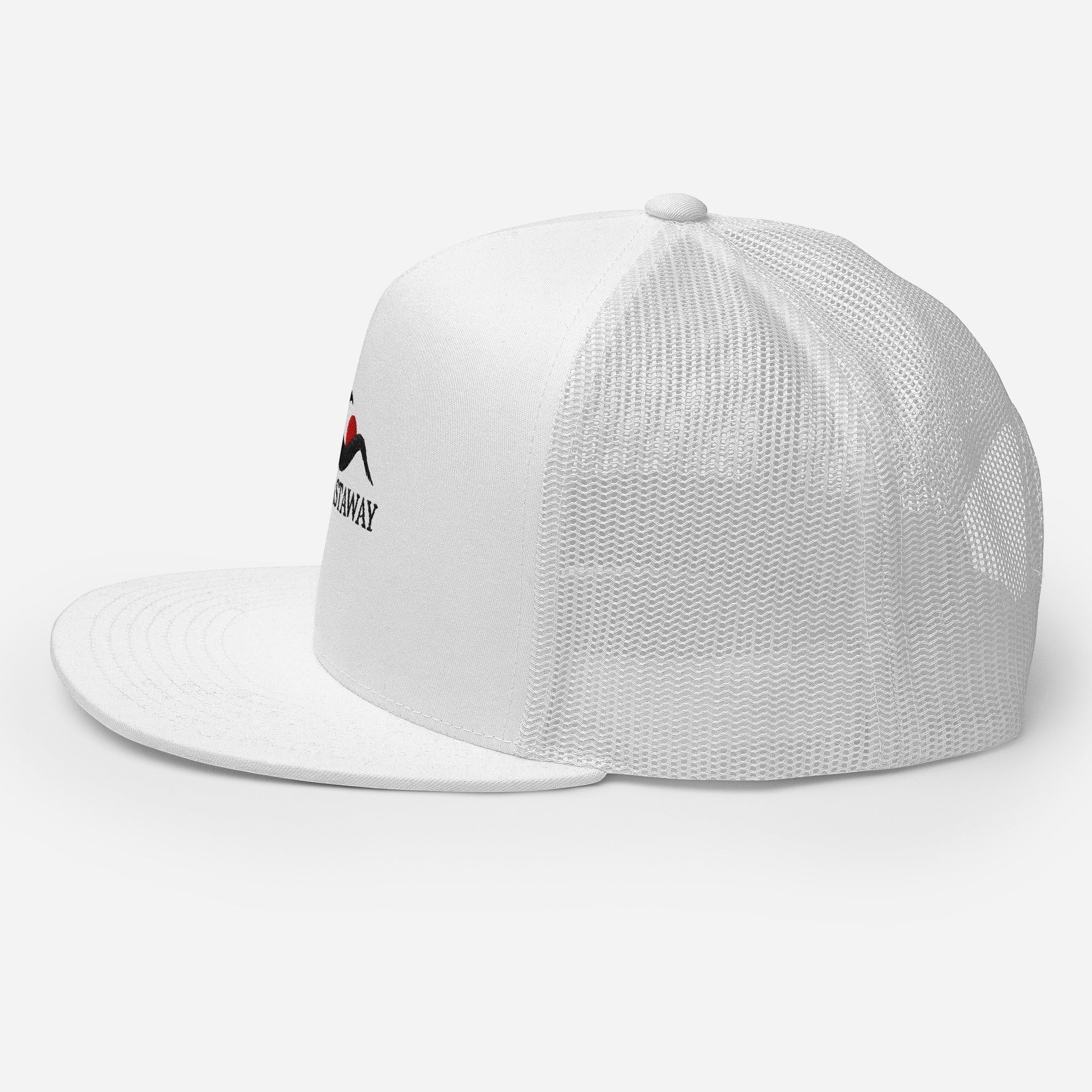 Redcastaway	rade
 trucker cap in white with a flat bill and mesh back. Features a black and red embroidered logo on the front.