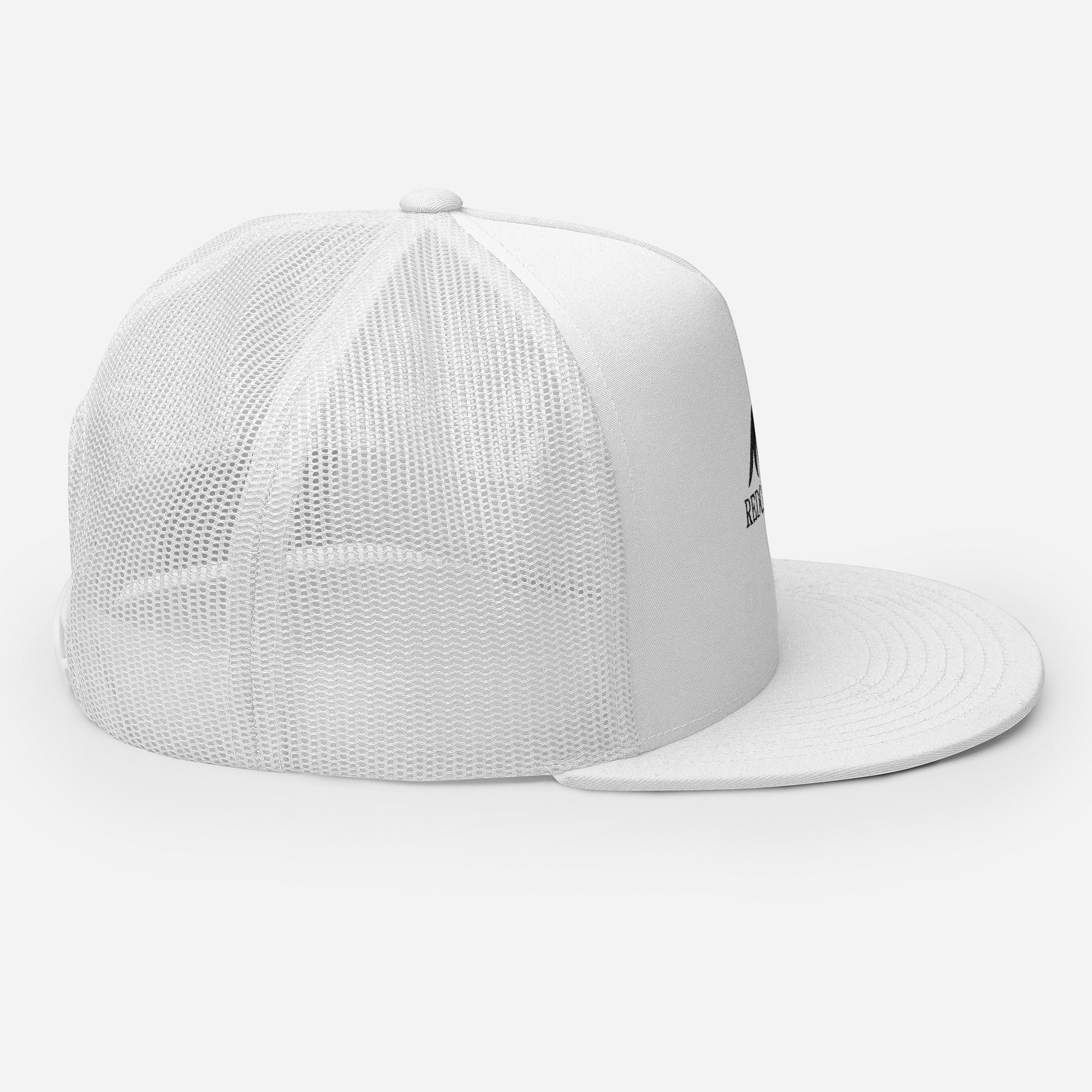 Redcastaway white trucker cap with mesh back, flat bill, and black logo. Cotton, nylon, polyester blend.