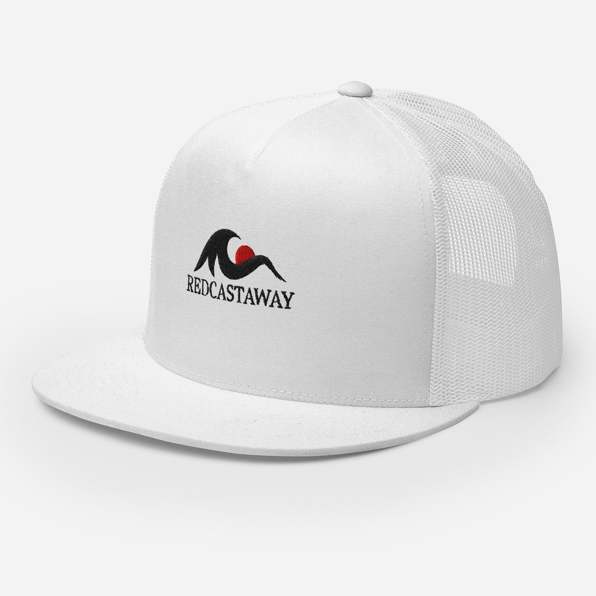 Redcastaway™ white trucker cap with flat bill and mesh back, featuring embroidered logo and snapback closure.