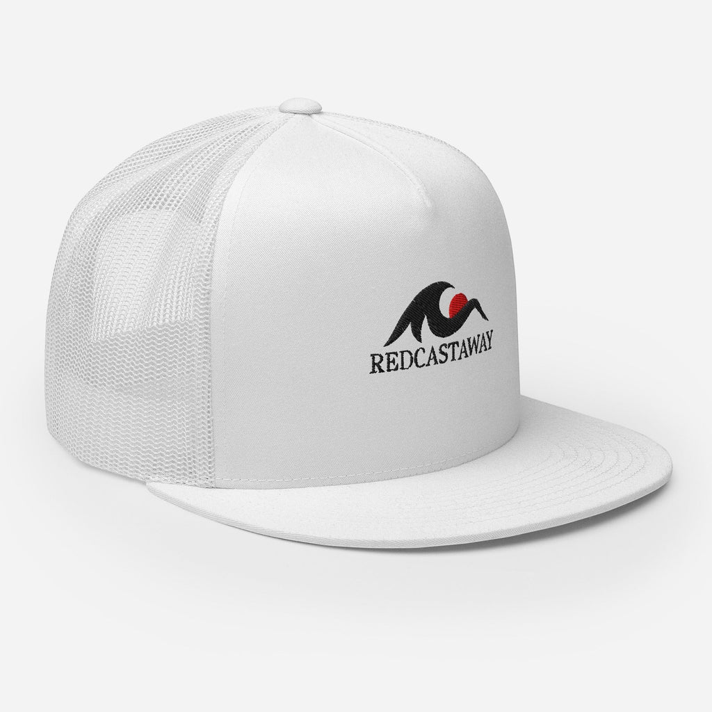 Redcastaway™ white trucker cap with mesh back, flat bill, and embroidered logo. Cotton, nylon, polyester blend.