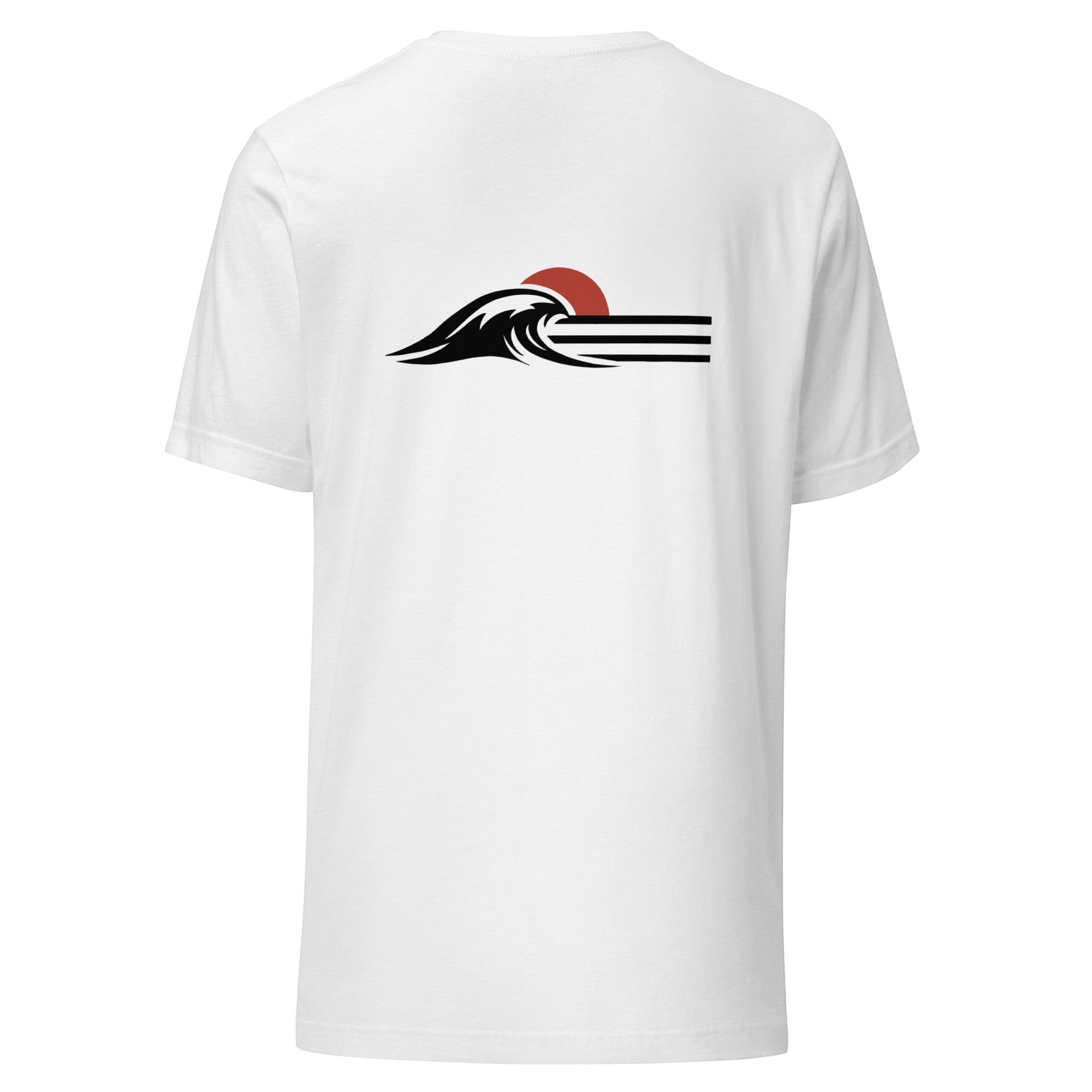 Redcastaway Horizon Wave unisex t-shirt in white, 100% combed and ring-spun cotton, featuring a minimalist wave and sun graphic.